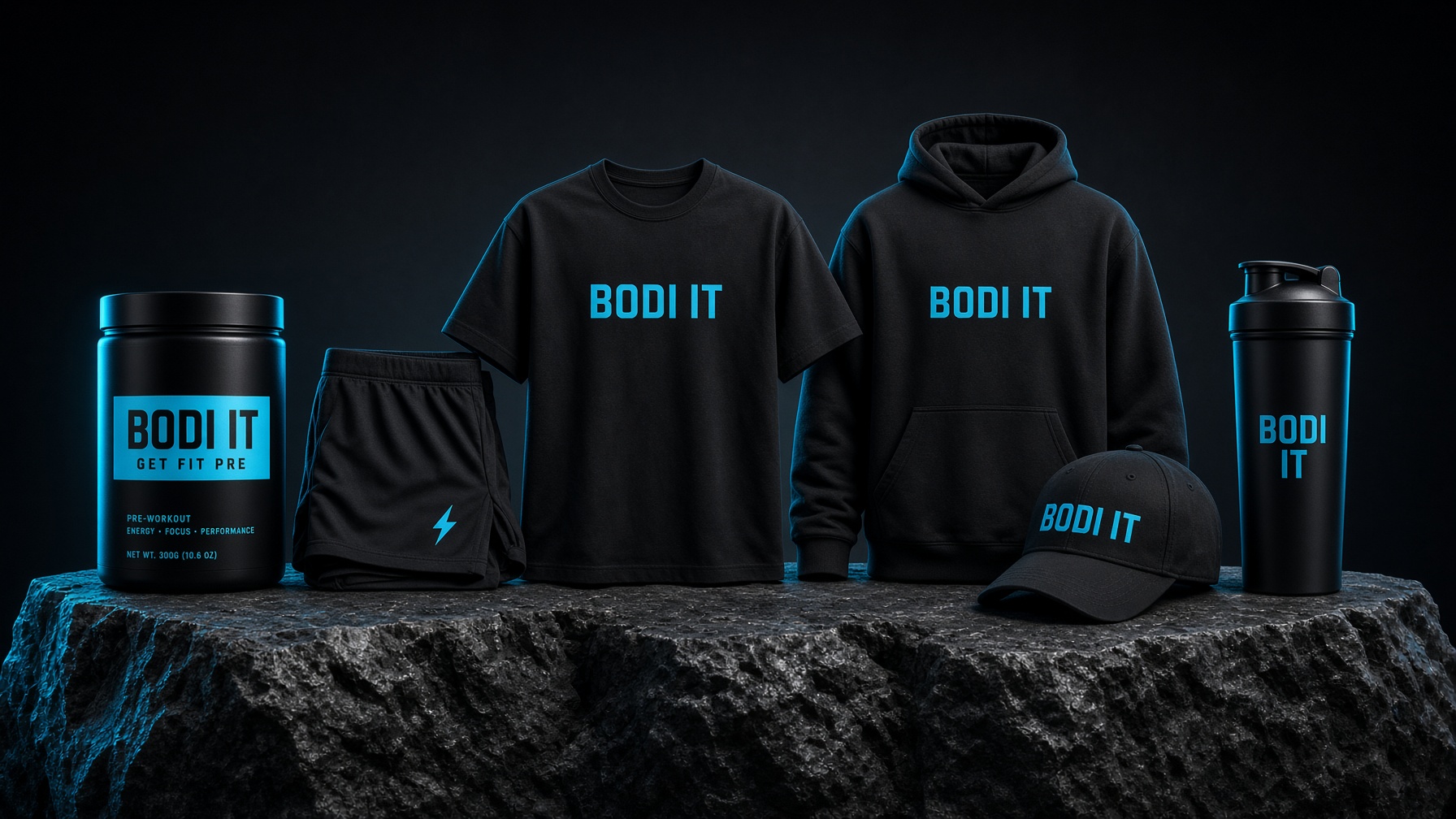 Bodi It kit — tee, hoodie, formula, cap, and bottle